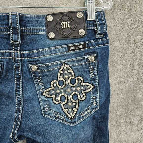 Miss Me Signature Boot Jeans 28 Blue Embroidered Rhinestone Crosses Bling Denim - Picture 10 of 13